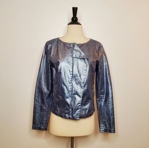 Vintage Emporio Armani Metallic Blue Embossed Jacket Hidden Zip Size 10